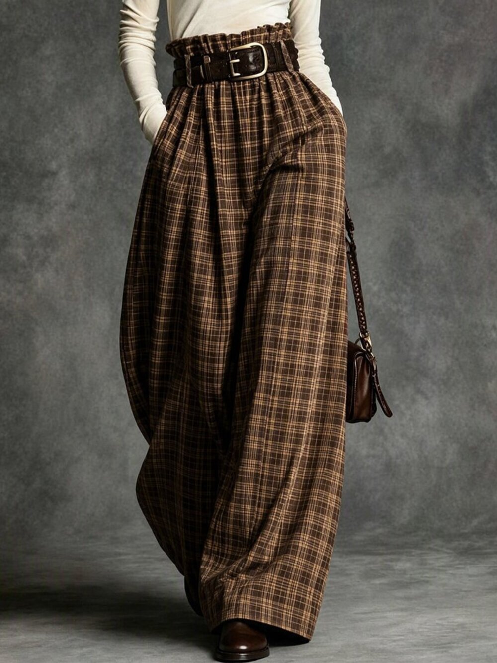 Multicolor Casual Women's High Waist Plaid Elastic Waist Wide Leg Pants - Picture 3 of 9